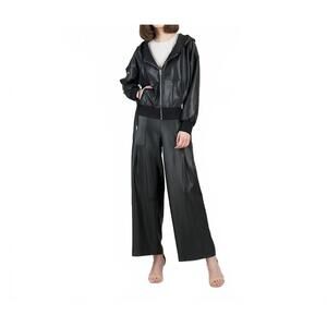 NEW CLARA SUNWOO liquid leather hooded drawstring track jacket in black